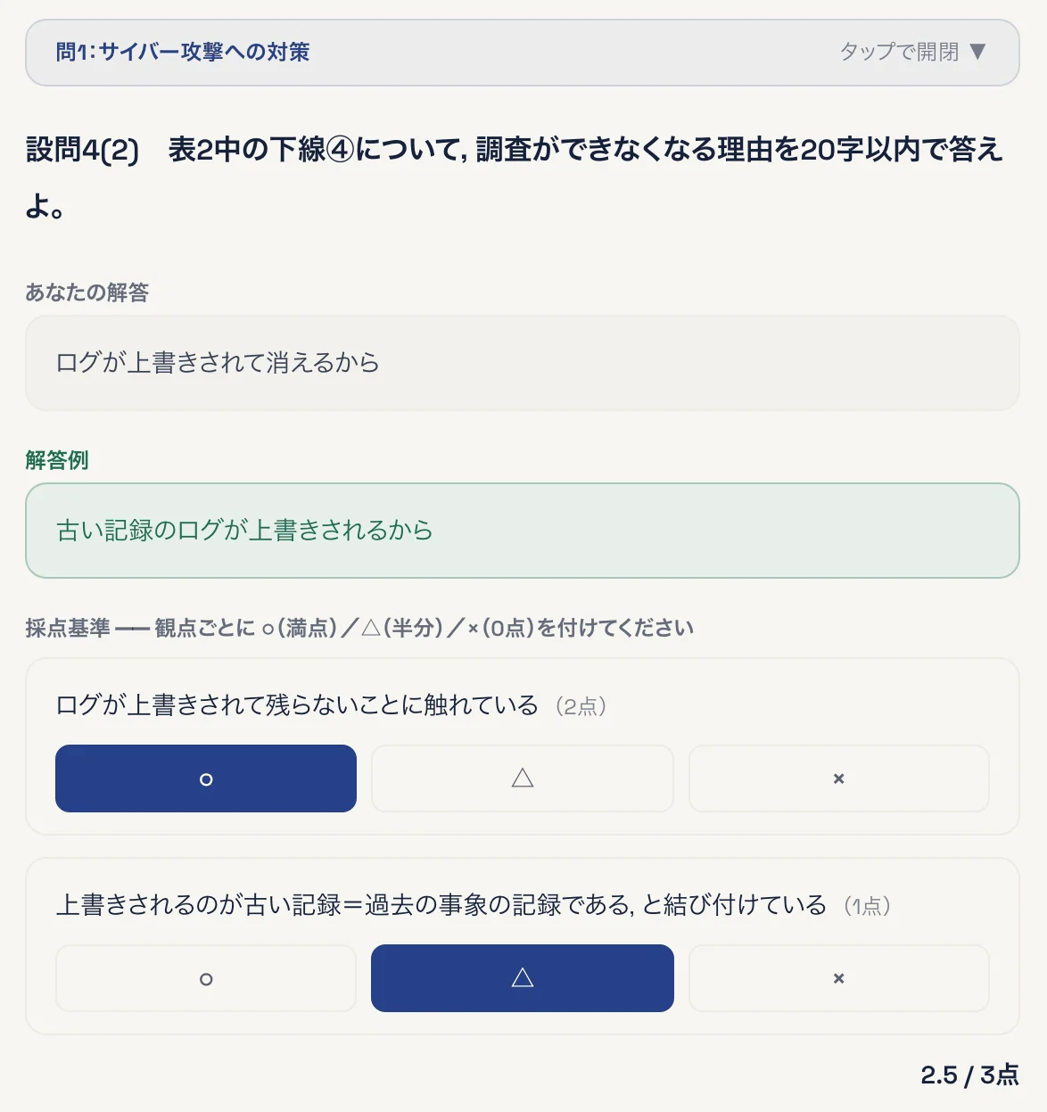 資格道場の記述式演習画面。あなたの解答、解答例、採点基準の観点ごとの ○ △ × と点数が並んでいる。