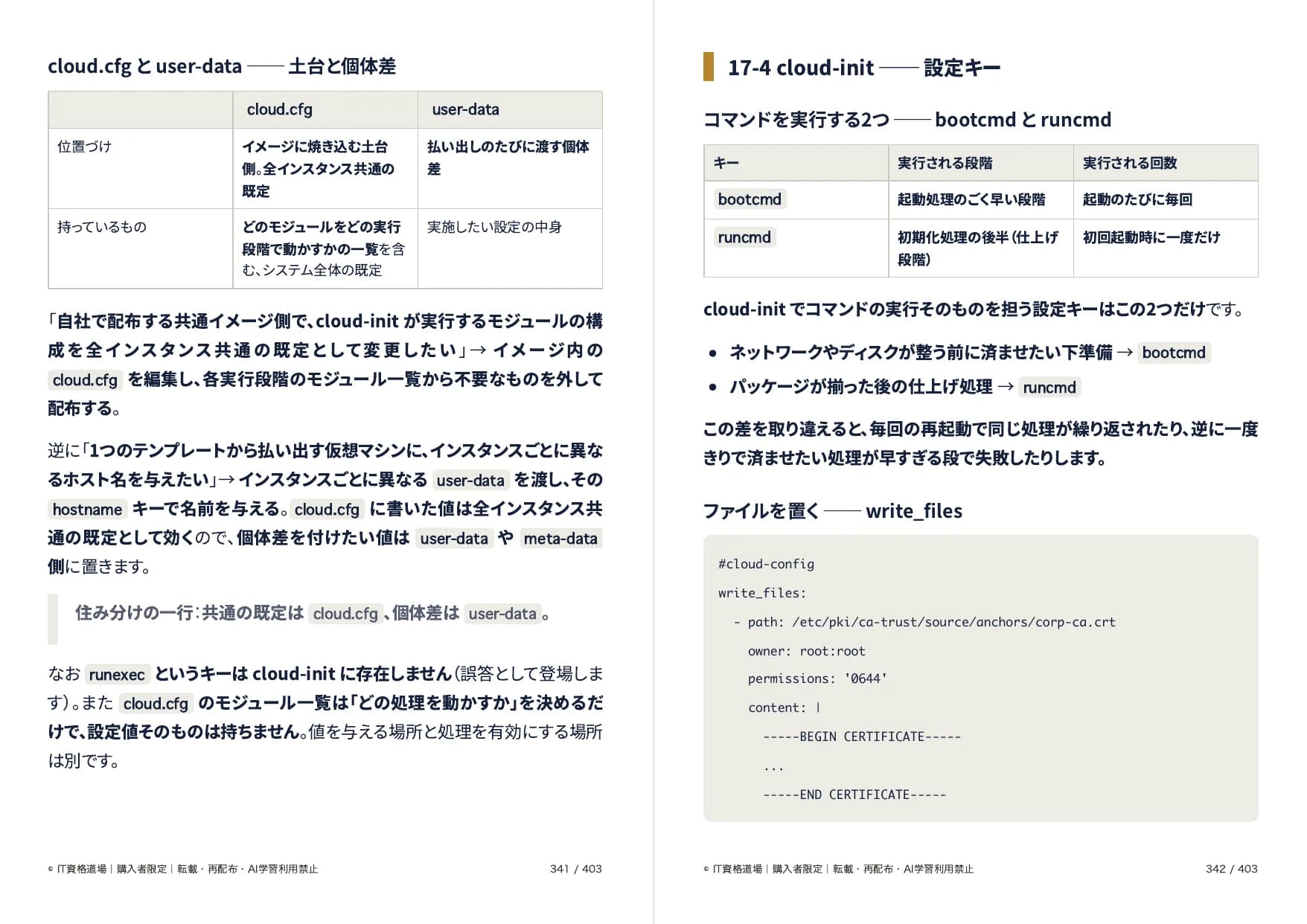 資格道場の学習用テキストの見開き。左ページに対比表と本文、右ページに節見出し・表・設定ファイルの実例が載っている。